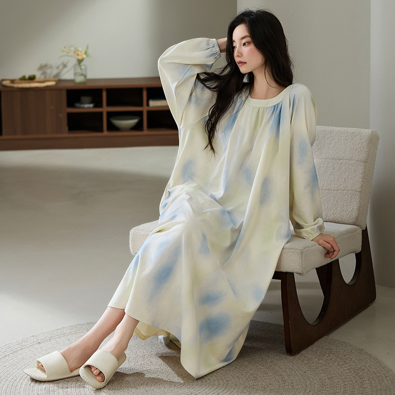 Class a Antibacterial 95 Cotton Cool Cotton Long-Sleeved Autumn and Winter Nightgown Women's High-End Long-Sleeved Women's High-End New Maternity Dress