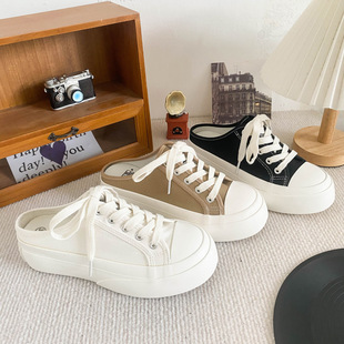 H06 Heelless Half-Tow Big Head Canvas Shoes Women's Summer All-Match Thick Slip-on Lazy 2024 New Style Sneakers
