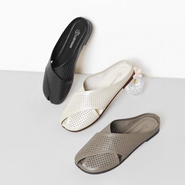 Dép sục da mềm nữ đế bằng mũi nhọn Quảng Châu — Màu đen, Màu trắng be, Màu Kaki