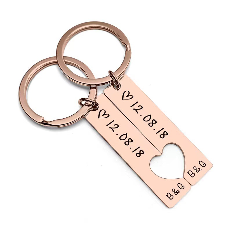 Simple Style Style Hot Selling Stainless Steel Strip Heart-Matching Personality Simple Couple Keychain Engraved Date Factory In Stock Wholesale