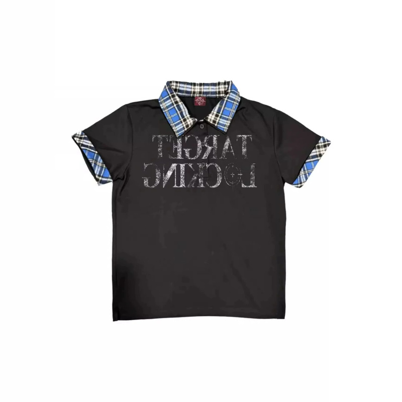 Plaid Patchwork Polo Collar Short-Sleeve T-Shirt for Men and Women, 2026 Summer New American Retro Heavyweight Trendy Brand Loose Half-Sleeve