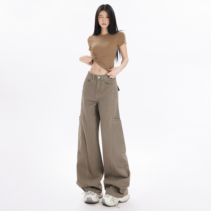 包邮一件代发 咖绿美式复古宽松工装牛仔裤女春显瘦高腰阔腿长裤|undefined