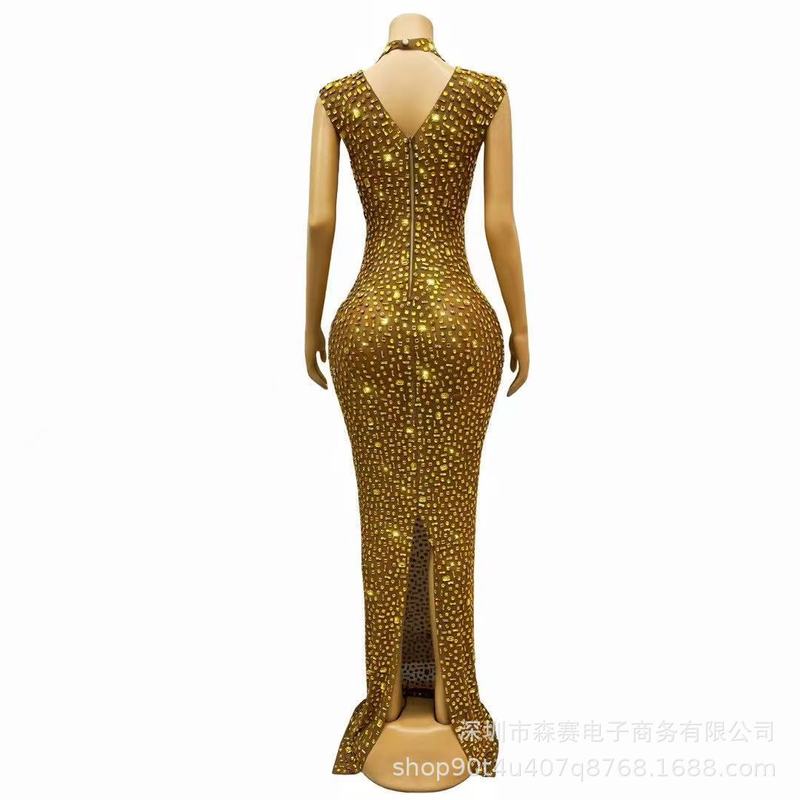 夏季新款晚礼服女长款钉钻修身显瘦舞会派对新娘结婚礼服连衣裙|undefined