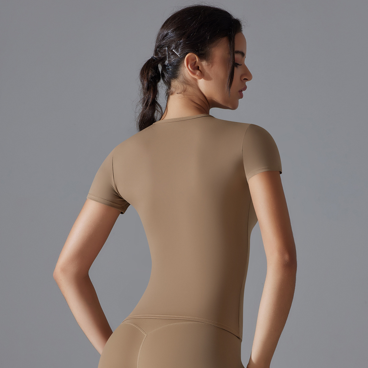 Nuevo color sólido de dos lados abrasivo alto elástico apretado ropa de yoga transpirable mangas cortas camiseta deportiva de ejercicio de yoga