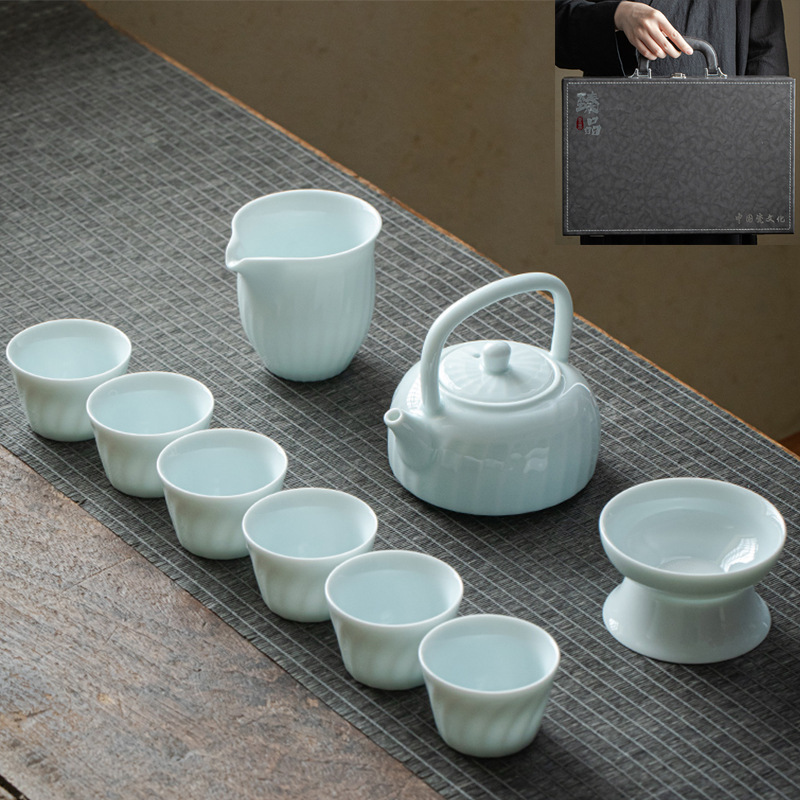 ギフト工夫茶器セット卸売り家庭用ロゴ蓋碗提梁壺開業徳化陶磁器茶器セット|undefined