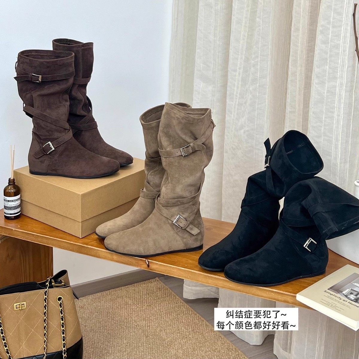 Cowhide Version ~ 6cm Taller Fashionable Pleated Pile Boots for Women in Autumn and Winter New Round Toe Buckle Slimming Look Knight Mid-Calf Boots
