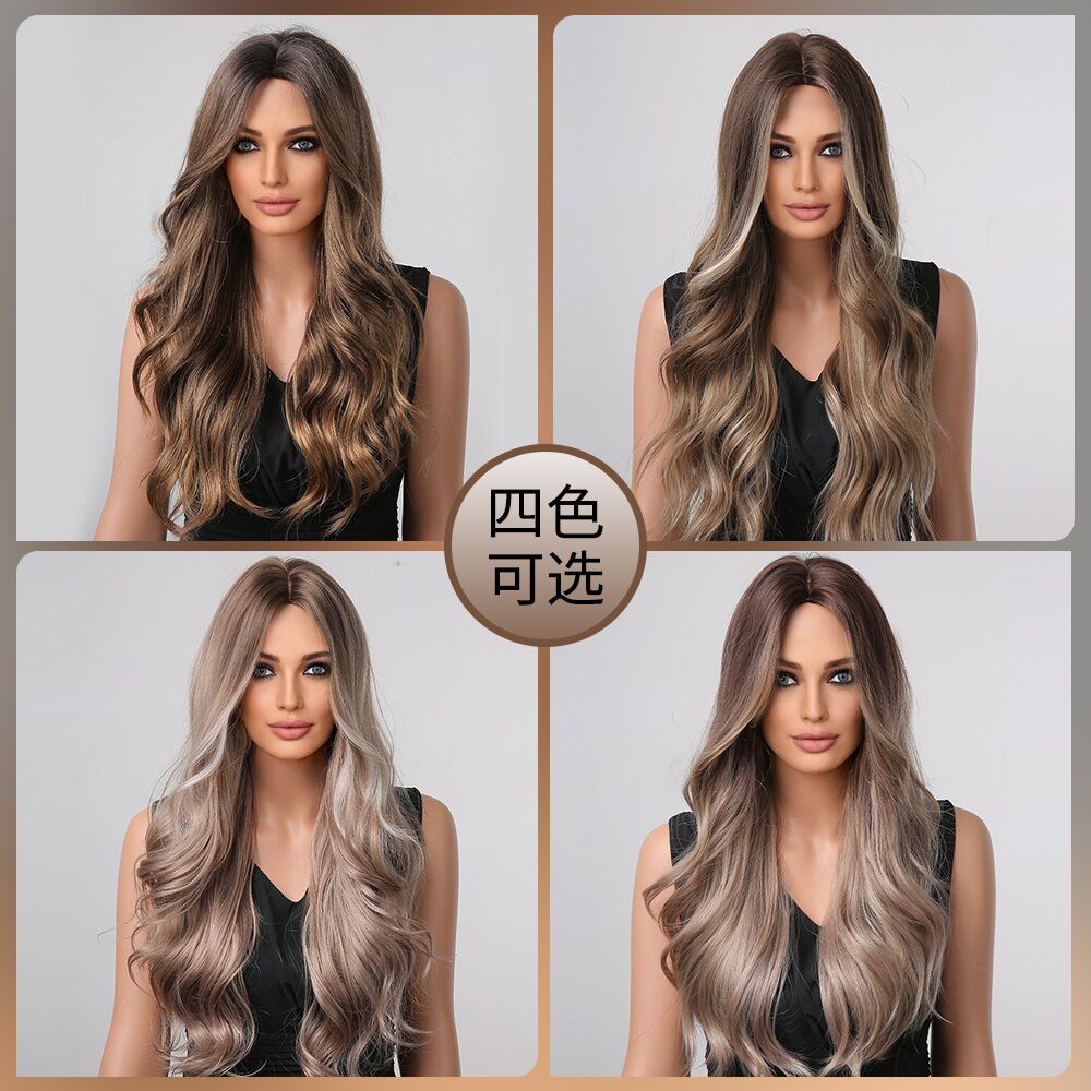 Amazon Comercio exterior transfronterizo nuevo cabello rizado largo de longitud media degradado resalte marrón Peluca de fibra química europea y americana cubierta de la cabeza completa