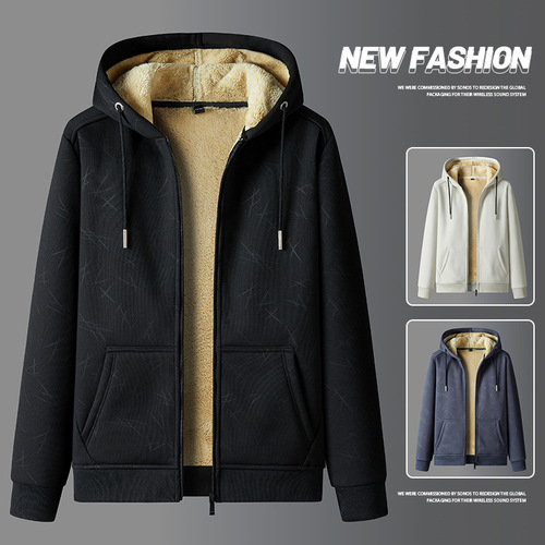 Lambskin Fleece Men's Hooded Sweatshirt Autumn/Winter Thicken Padded Cozy Sport Coat Casual Open sweater Warm Outwear
