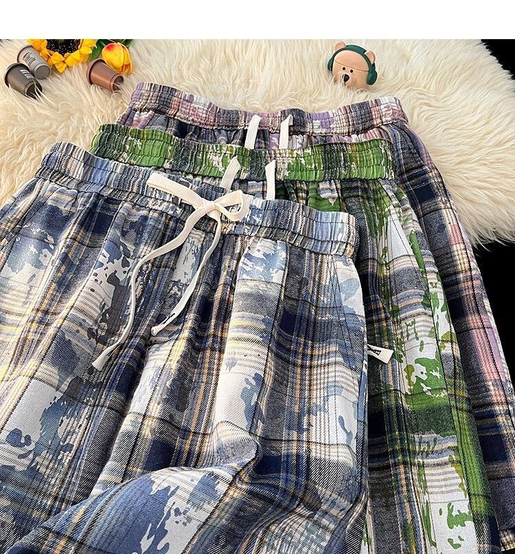 Men's And Women's Tie Dye Plaid High Waist Street Style Shorts Casual Retro Straight Five Point Beach Outerwear_viptrois.com