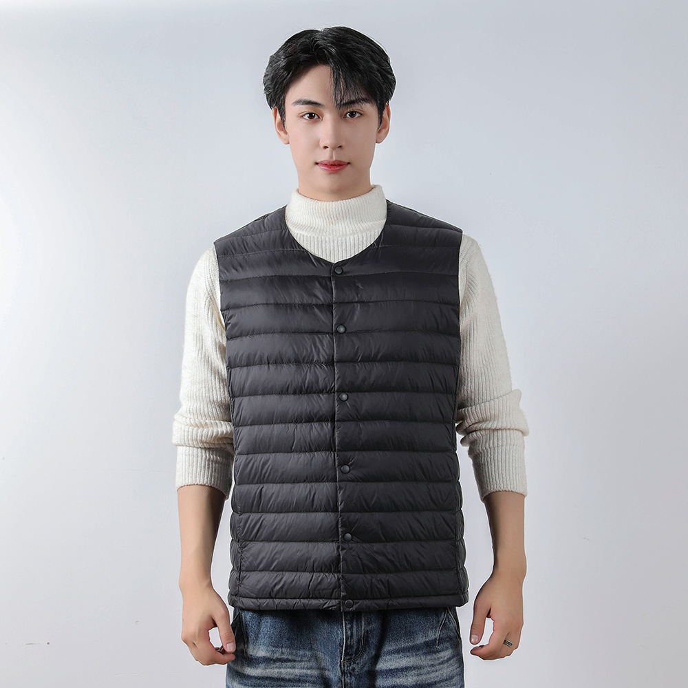 平湖驰新男式90绒纯色新款男装V领圆领马甲羽绒服背心大码外套