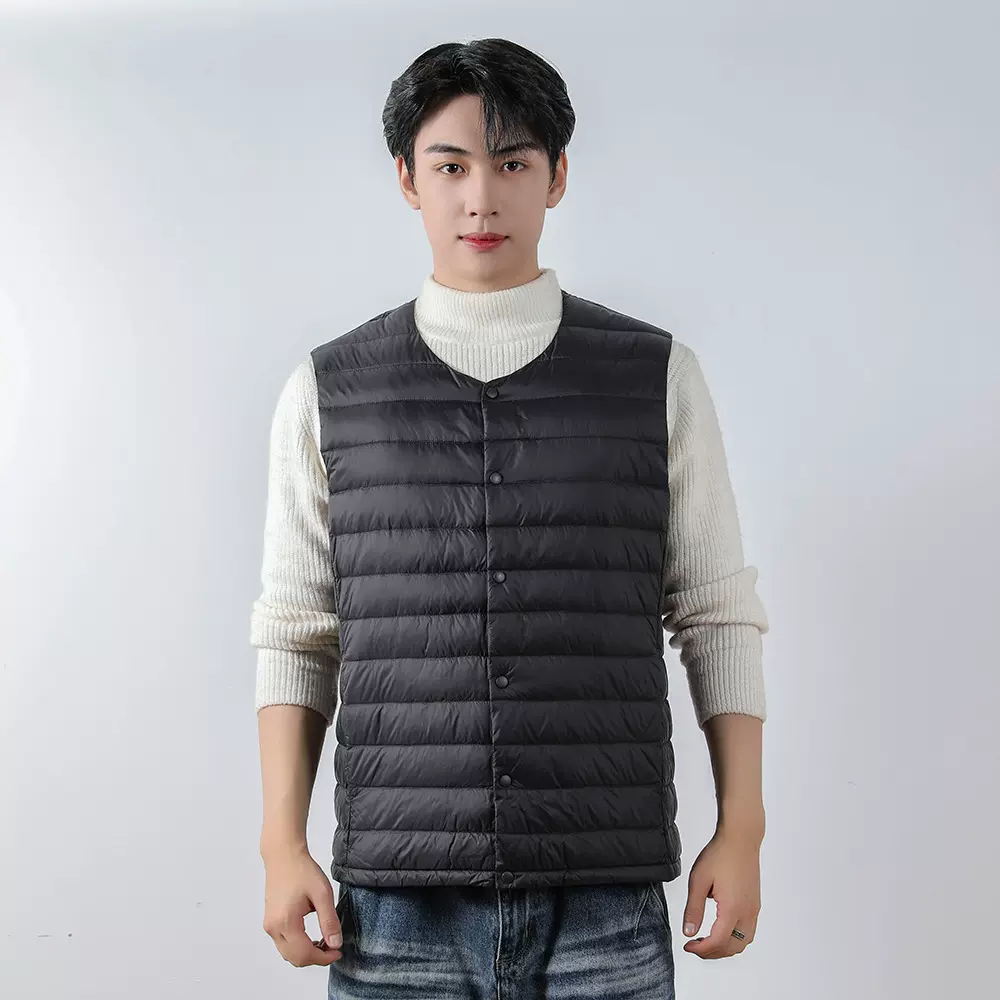 平湖驰新男式90绒纯色新款男装V领圆领马甲羽绒服背心大码外套