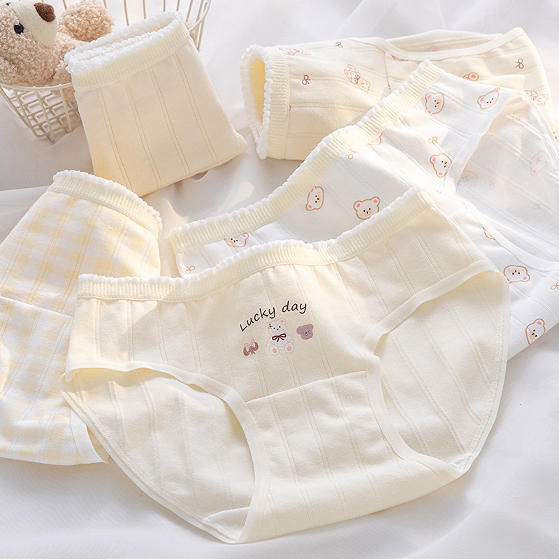 Category a Baby Cotton Underwear for Women 10A Extended Antibacterial Crotch Breathable Bear Print Mid-Waist Hip-Covering Student Briefs