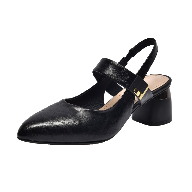 Sandal nữ da thật mũi nhọn gót vuông 5 cm quai ngang hở gót — Kaki-cao gót 5 cm