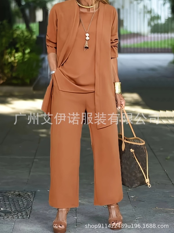 temu.卖现货纯色开叉圆领无袖背心上衣长袖开衫外套阔腿裤套装女|undefined