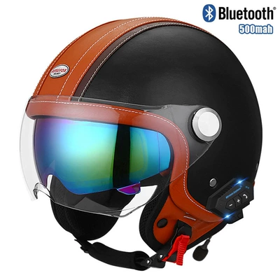 3/4 half helmet, Motosiklet kaskı (dəbilqə) - brown-black-outer-short-inner-color-bluetooth-m