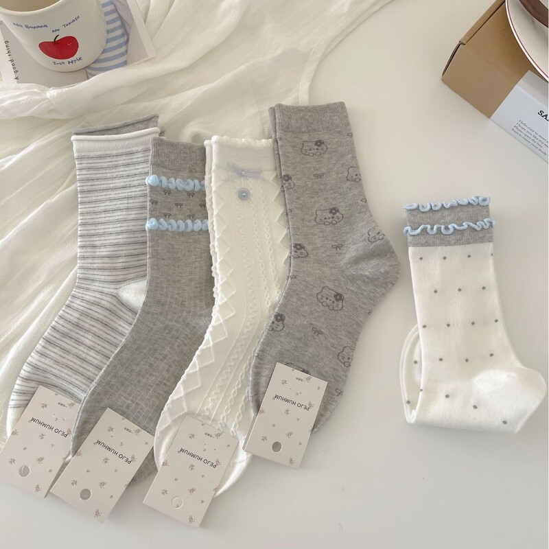 Spring and Autumn Sea Salt Blue-Gray Slouch Socks for Women, Sweet Korean-Style Striped Floral Mid-Calf Socks, Breathable Thin Style with Ruffled Edges Spring and Autumn Sea Salt Blue-Gray Slouch Socks for Women, Sweet Korean-Style Striped Floral Mid-Calf Socks, Breathable Thin Style with Ruffled Edges