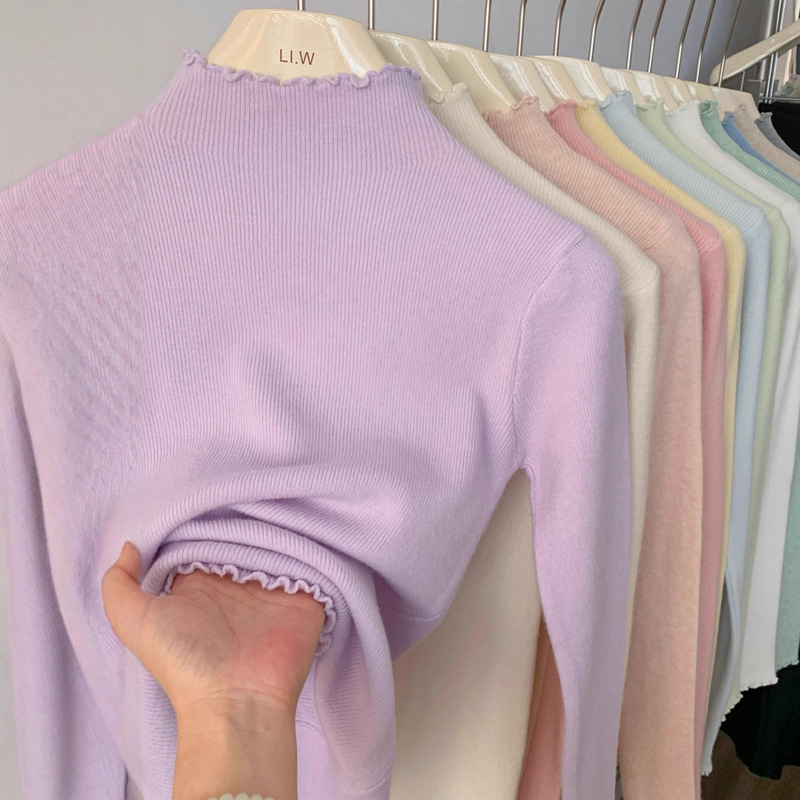 Sweet Peach Pink Sweet Ruffled Knit Sweater for Women 2025 Autumn Warm Solid Color Base Layer Top for Women