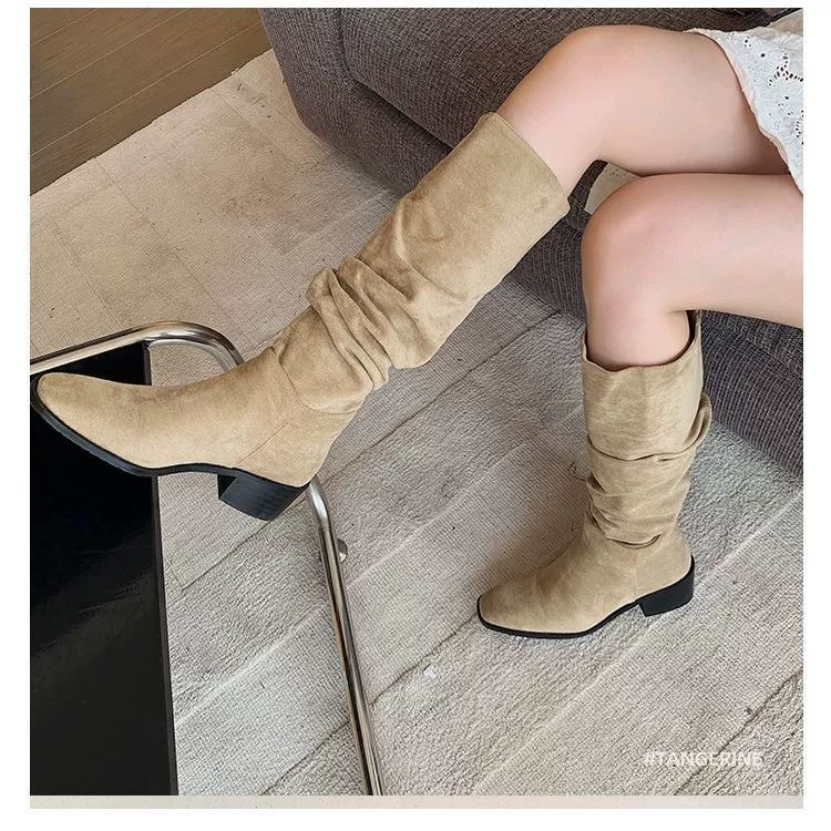 Высокие женские сапоги-казаки, новинка осени-зимы 2025, плиссированные сапоги на платформе, высокие сапоги выше колена, европейские и американские ковбойские сапоги.