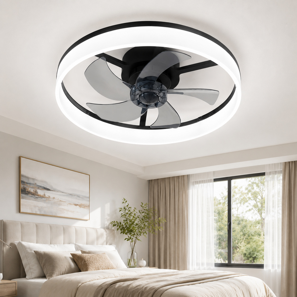 Ventilador de Techo con Luz de Acrílico y ABS, Control Remoto, Control por App, para Dormitorio y Comedor