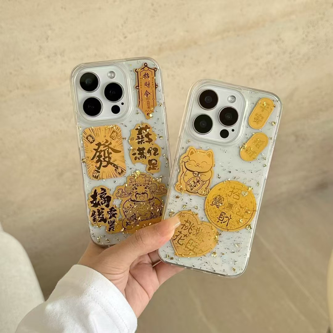 Suitable for Apple 16Promax Glue Gold Foil Mobile Phone Case Iphone15 Fortune Text 14 All-Inclusive 13 Anti-Wear 12