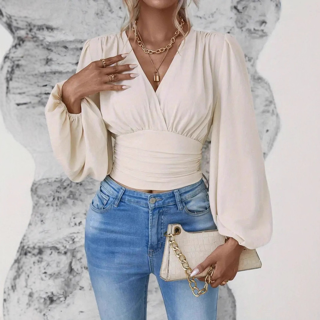 Spring New Solid Color V-neck T-shirt Fashionable And Elegant Lantern Long-sleeved Top Spring And Summer Women's Clothing_ecoleips.com