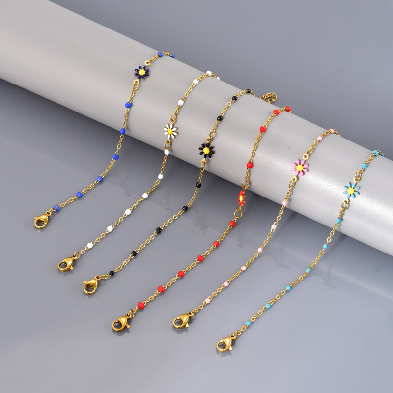 S50 Chrysanthemum Bead Chain 18K Gold Daisy Cross Chain Drip Glaze Bracelet Eight-Petal Chrysanthemum Girly Aesthetic and Cute