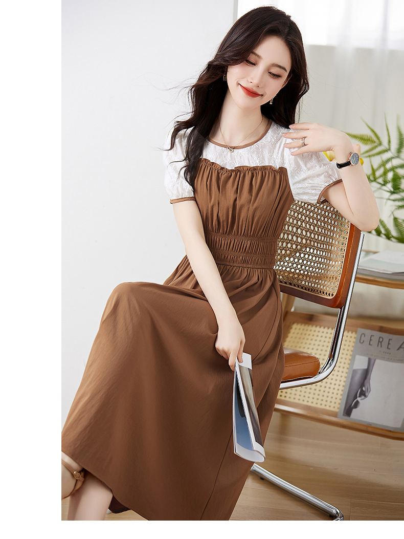 Váy chữ A tay phồng eo thon ren ghép giả hai mảnh Z8838 — Màu đen, Màu caramel chi tiết 7