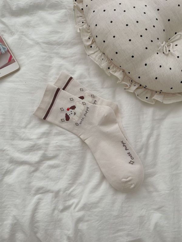 秋冬潮流可露丽撞色袜子女中筒可爱卡通小狗袜子纯棉百搭花边女袜|undefined
