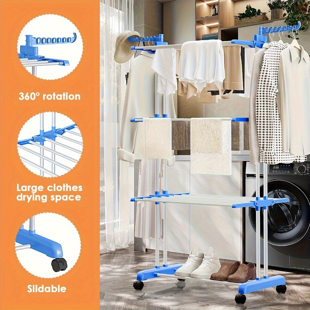 Tendedero de Pie Plegable de 4 Capas de Hierro Móvil con Ruedas para Balcón e Interior