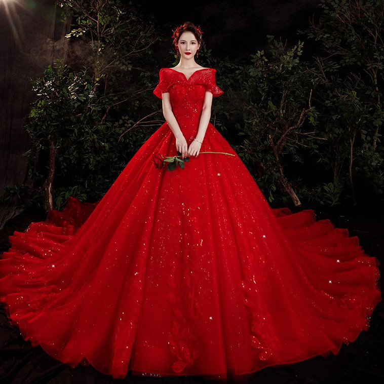Vestido de novia principal de un solo hombro 2023 nueva novia Mori Red Super Fairy Dream Starry Sky French Light Luxury Cola