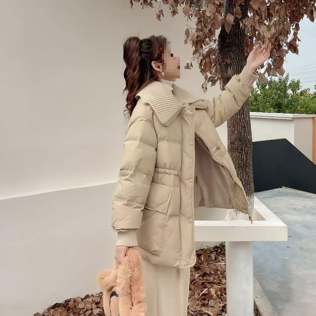 毛线大翻领羽绒服女2025新款冬季加厚保暖时尚宽松收腰中长款外套