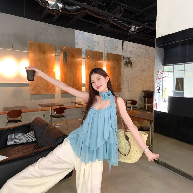 Gentle Style Blue Irregular Camisole Women's Summer Niche Three-Dimensional Flower Ribbon Loose Sleeveless Top