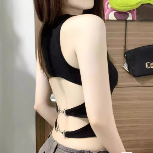  Summer American Style Spicy Girl Black Backless Strap Bralette for Women Summer Outerwear with Built-in Bra Pads Short Utility Strap