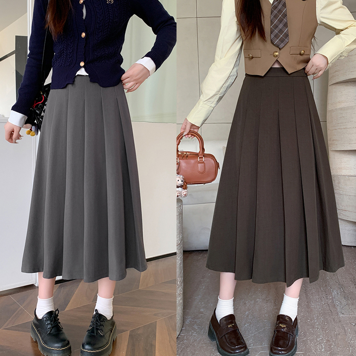 Real shot of 2026 autumn fashion plus-size high-waisted A-line pleated midi skirt for petite women, slimming effect, 63559