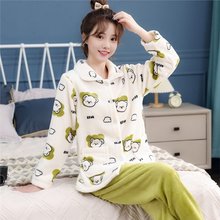 加厚秋冬睡衣女珊瑚绒家居服法兰绒套装长袖保暖卡通可爱加绒外穿