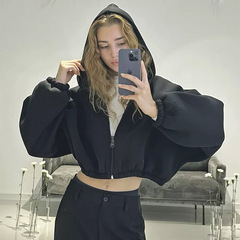 アマゾンの新型コート欧米のカジュアルな婦人服の純色のパーカーの長袖の短いジャケットのジッパーのカーディガンのパーカー