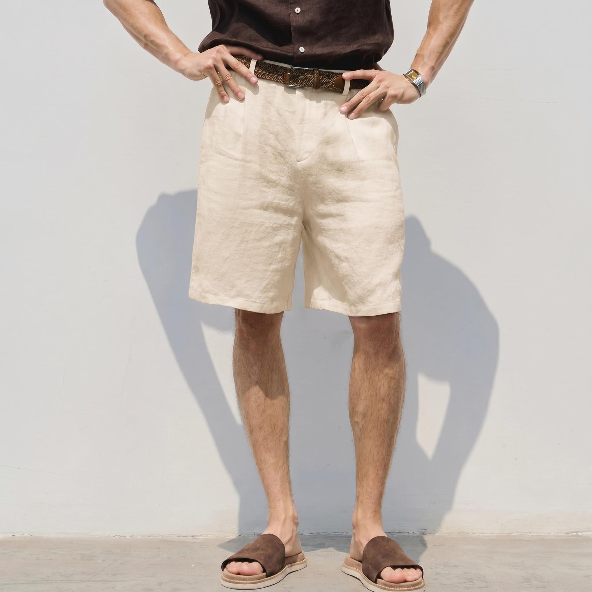 Shorts en lin pour homme respirant coupe ample style décontracté_voghion.com