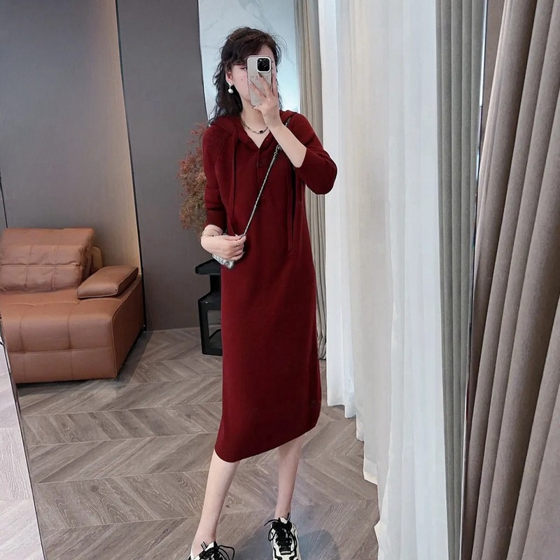法式复古连帽针织连衣裙女春秋2025新款小个子慵懒宽松休闲毛衣裙|undefined