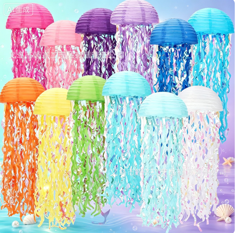 Cross-Border Best-Selling Mermaid-Themed Semi-Circle Jellyfish Colorful Glitter Paper Lanterns Ocean-Themed Party Atmosphere Decoration