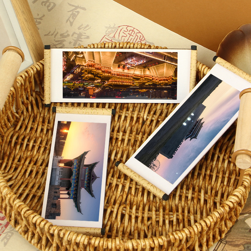 旅游打卡纪念品卷轴冰箱贴中国木质古建筑牌坊文创软磁冰箱贴批发