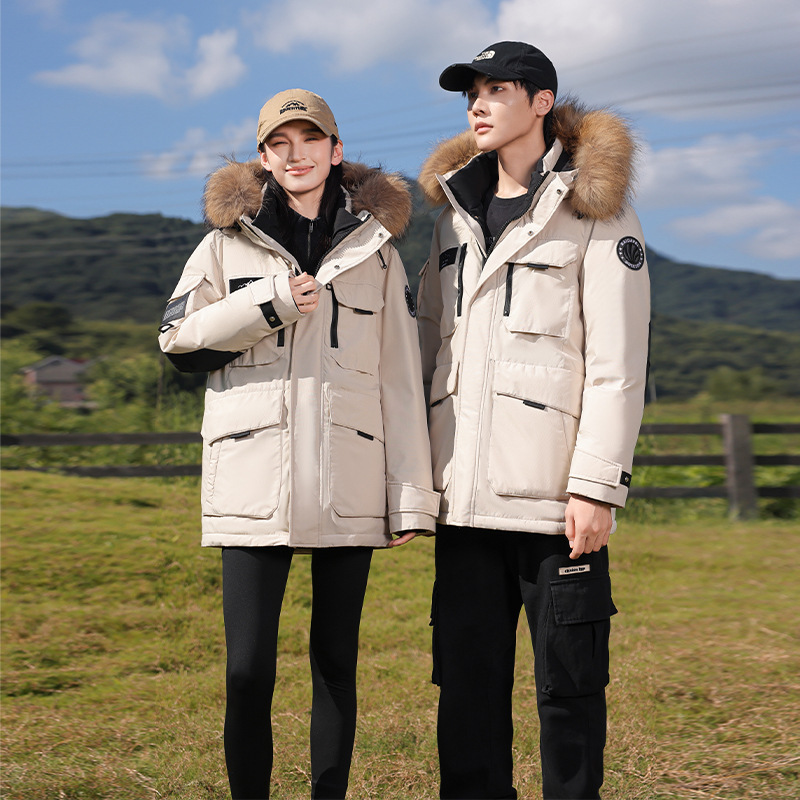 3712 Models 2025 Outdoor Short down Jacket for Couples, Men and Women, Large Fur Collar Workwear Jacket, Cold-Proof, Northeast Travel