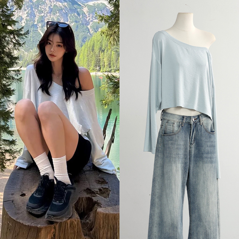 [In stock] nana style early autumn one-shoulder short loose casual long-sleeve T-shirt top for women