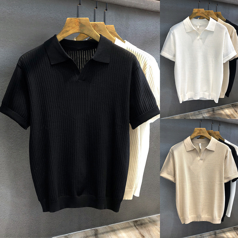 Camisas de polo de manga corta de estilo antiguo, camisetas de punto de cuello en V de hombre, camisetas de textura hueca de gaviota, fábrica de verano al por mayor.