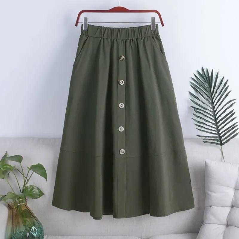 Elastic Waist Large Swing Skirt Japanese Style Summer High-Waisted Student 2025 New A-Line Mid-Length Versatile Button Skirt