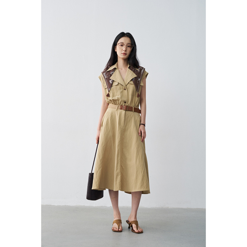 [Special Offer, No Refunds or Exchanges] Original Price 249, Summer Waist-Cinching Sleeveless Lapel Silk Scarf A-Line Dress for Women 258585