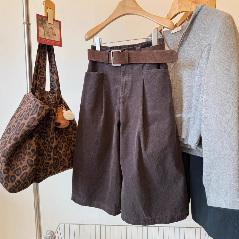 Featured This Issue! Korean Pocket Corduroy Cropped Pants Loose Wide-Leg Straight Pants Women's Belt