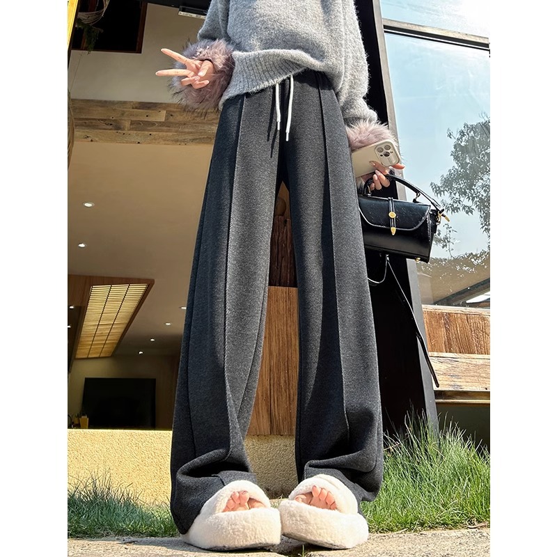 Pantalones de piernas anchas con patrón de herringe para mujeres otoño y invierno 2024 nuevos pantalones de lana de cintura alta, pantalones recto delgados casuales