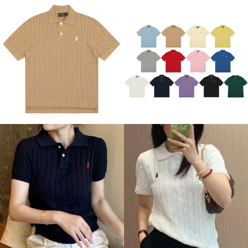 Rl Laffy Pony Embroidered Twist Knit Polo Collar Short Sleeve T-Shirt Four Seasons Women's Sweater Outerwear Top