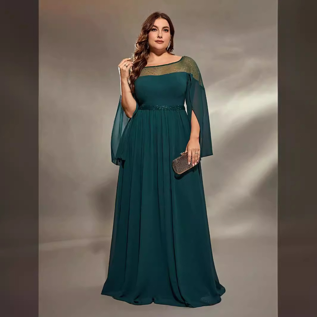 Europa y América vestido de noche nuevo producto grande hombre gordo cuello redondo vestido de dama de honor larga madre negra chiffon image 3