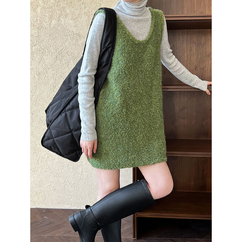 Ns Stylish U-Neck Loose Slimming Layered Wool Loop Knit Korean-Style Vest Dress Ss652